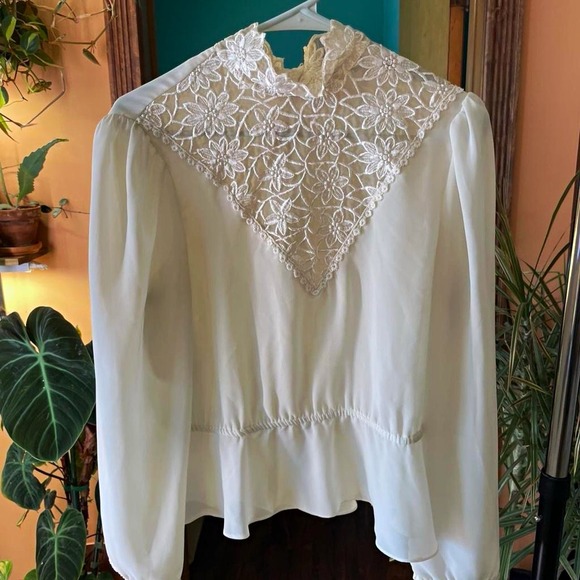 True Vintage Tops - Vintage White Lace Embroidered floral Blouse sheer fairy old money